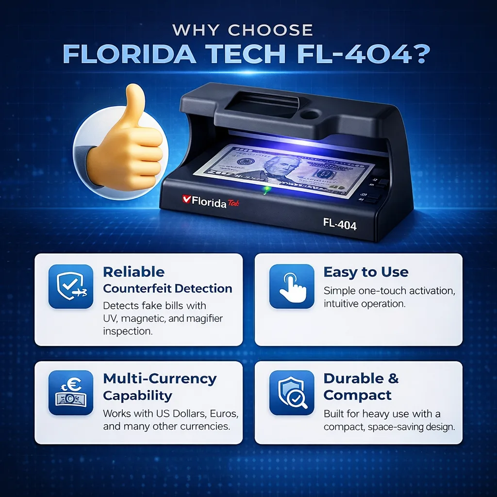 FL-404 compact UV banknote detector for retail and banking cash verification