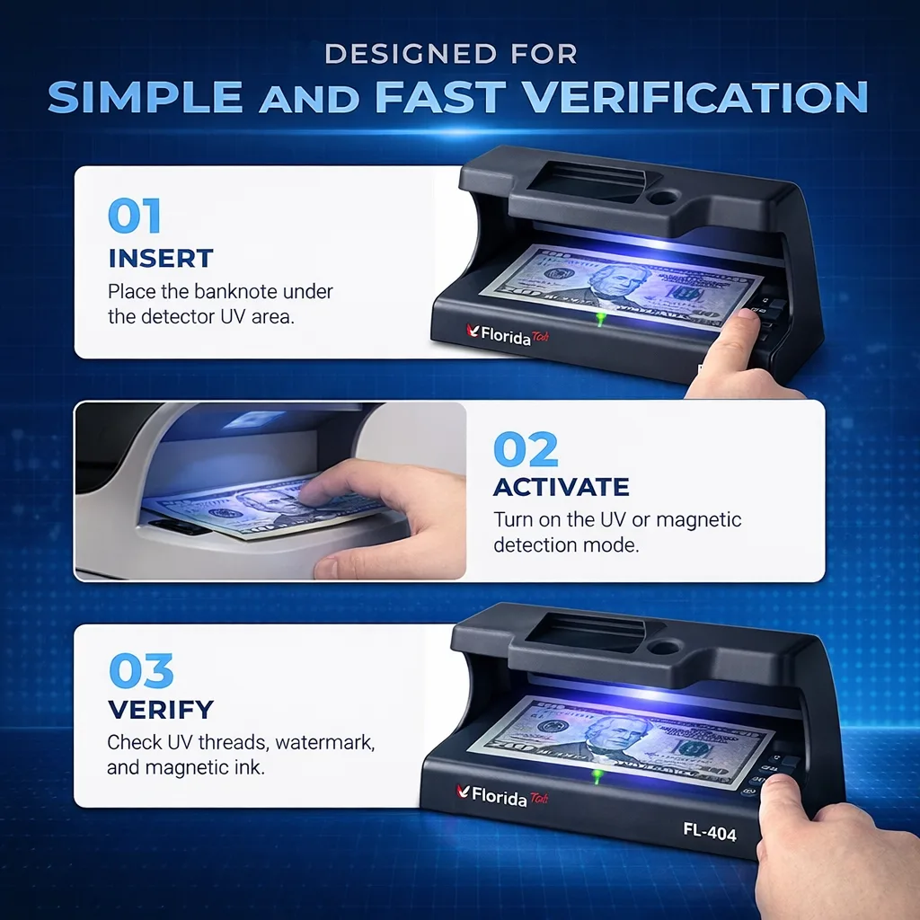 FL-404 compact UV banknote detector for retail and banking cash verification